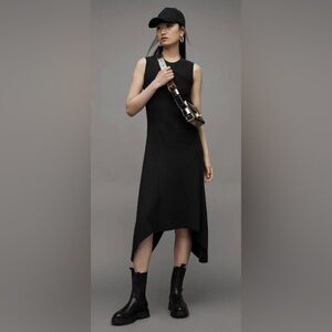 AllSaints Gia Ribbed Asymmetric Black Maxi Dress | Size 6